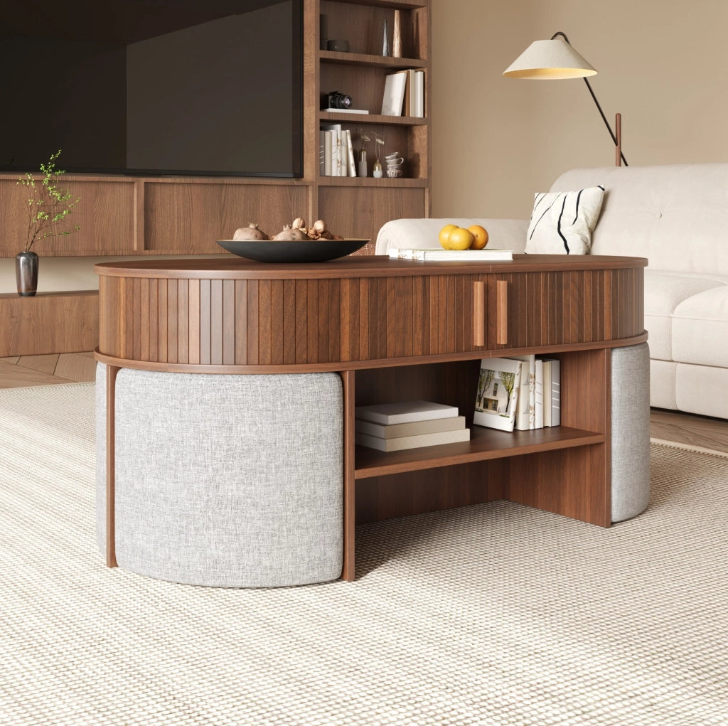 Tavolino da salotto ovale con contenitore; set con pouf in tessuto; 120 x 60 x 51;5 cm; noce