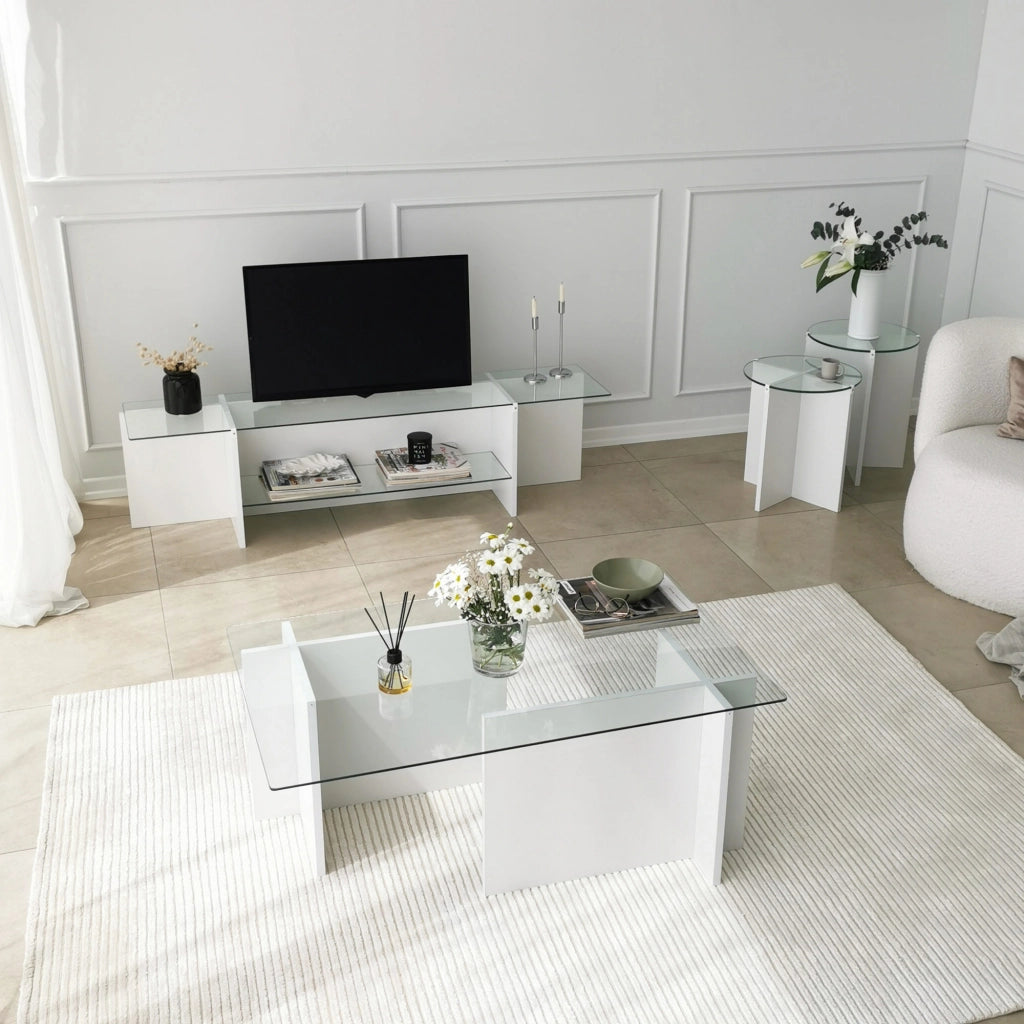 Genga, Tavolino da Salotto set 2 Pezzi Vetro Temperato, 70x70x38h cm Bianco