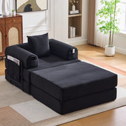 Divano modulare in velluto a coste nero con pouf