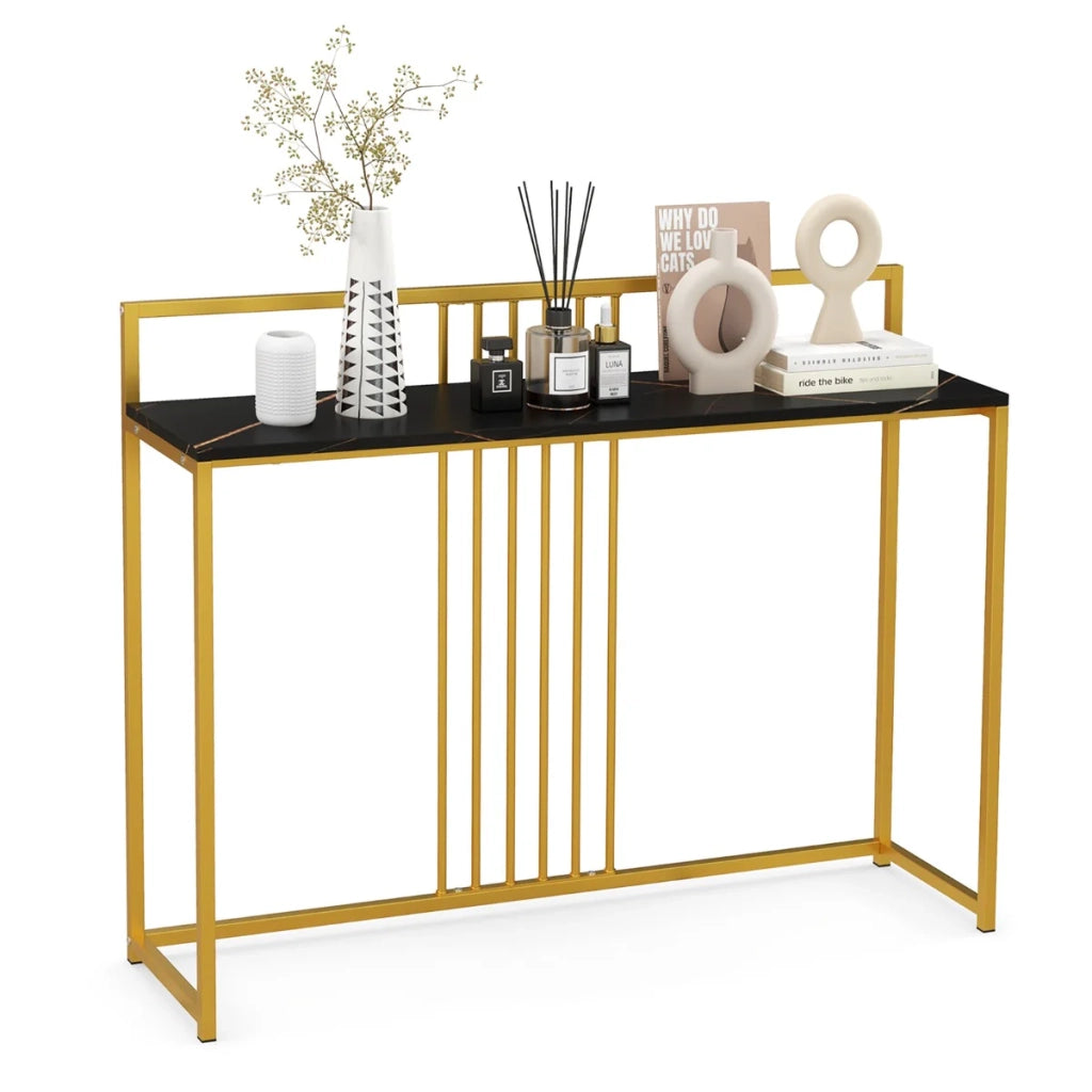 Tavolo consolle 120 x 32 x 89 cm con piano in finto marmo e struttura in metallo dorato per soggiorno e ingresso in legno ingegnerizzato nero 20_0013893