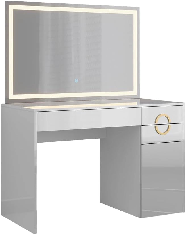 Tavolo da toeletta Adela, Bianco, 115 cm con specchio a LED, Funziona anche come postazione di lavoro elegante
