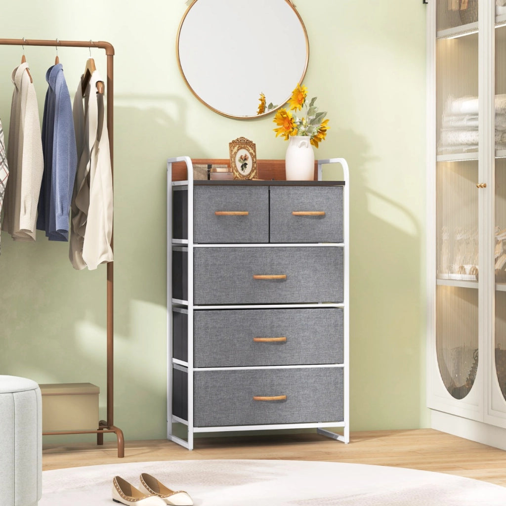 Cassettiera con 5 cassetti pieghevoli in tessuto, Organizer a 4 livelli con superficie in legno per ingresso Grigio-Cassettiere