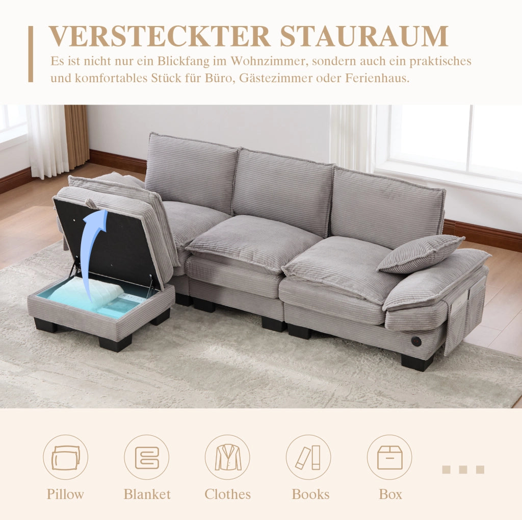 Divano modulare 3 posti con pouf; in tessuto effetto corda grigio chiaro; 260x132x84 cm