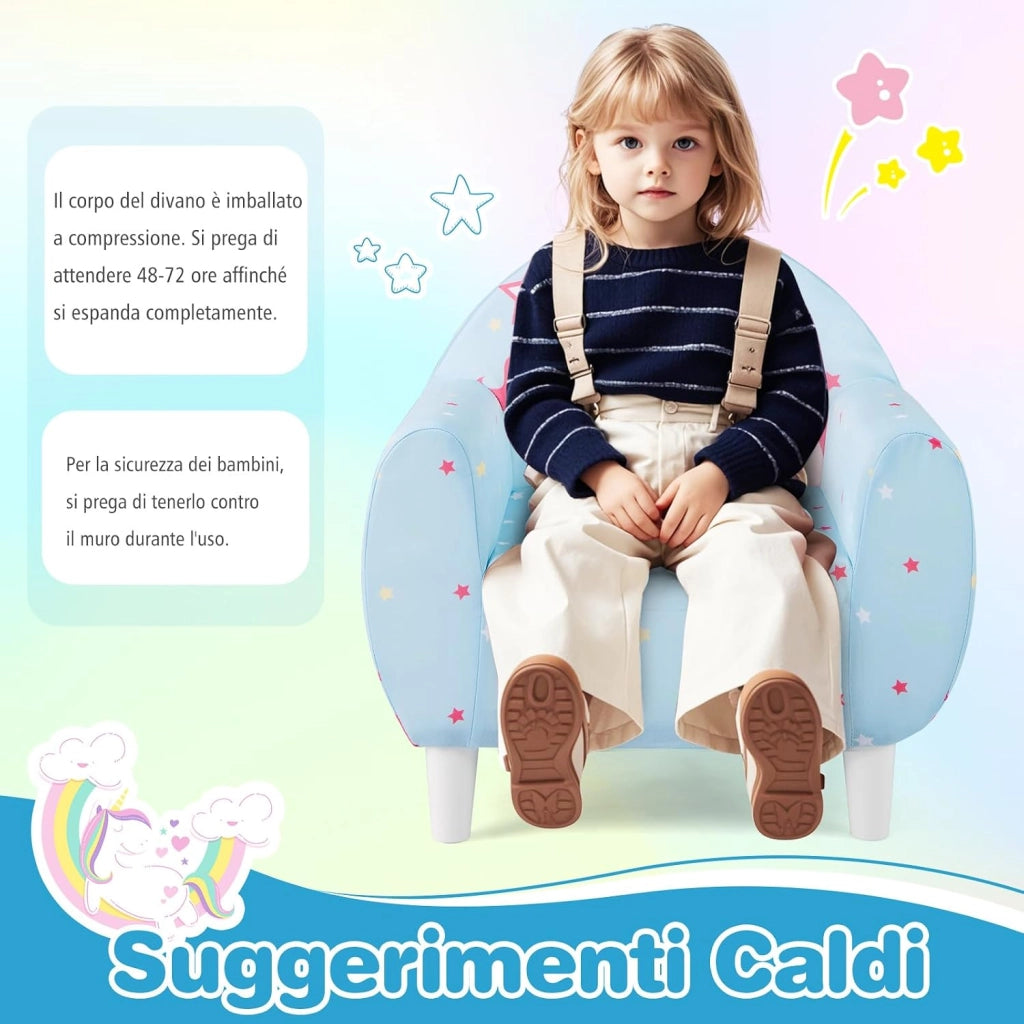 Divano per Bambini a Forma di Unicorno 55 x 40 x 55cm, Poltrona Imbottita con Tessuto Elastico Traspirante e Riempimento in Spugna, Mobile Moderno per Cameretta (Blu)