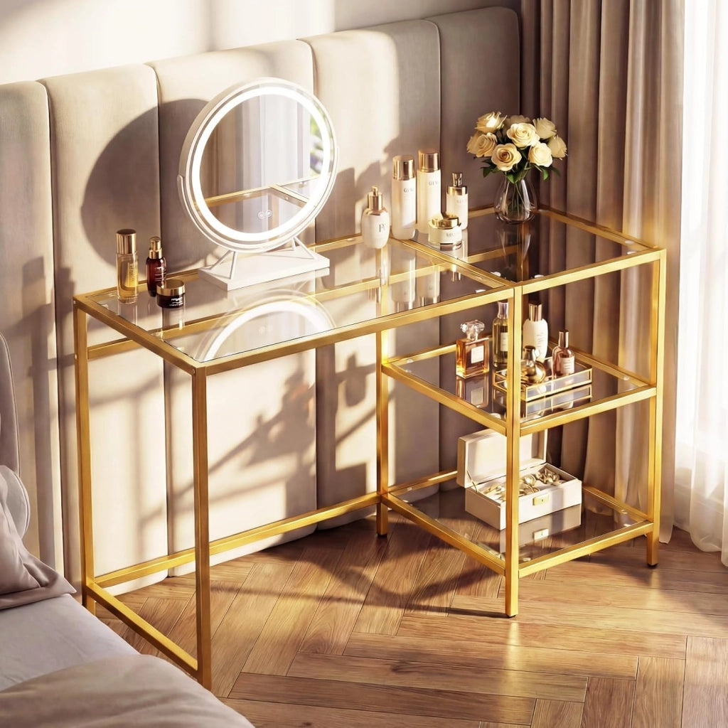 Scrivania in Vetro Temperato 106 x 51 x 77 cm, Tavolo PC Multifunzionale Salvaspazio con 2 Ripiani, Consolle Trucco Moderna per Camera da Letto, Studio, Ufficio e Soggiorno (Oro)