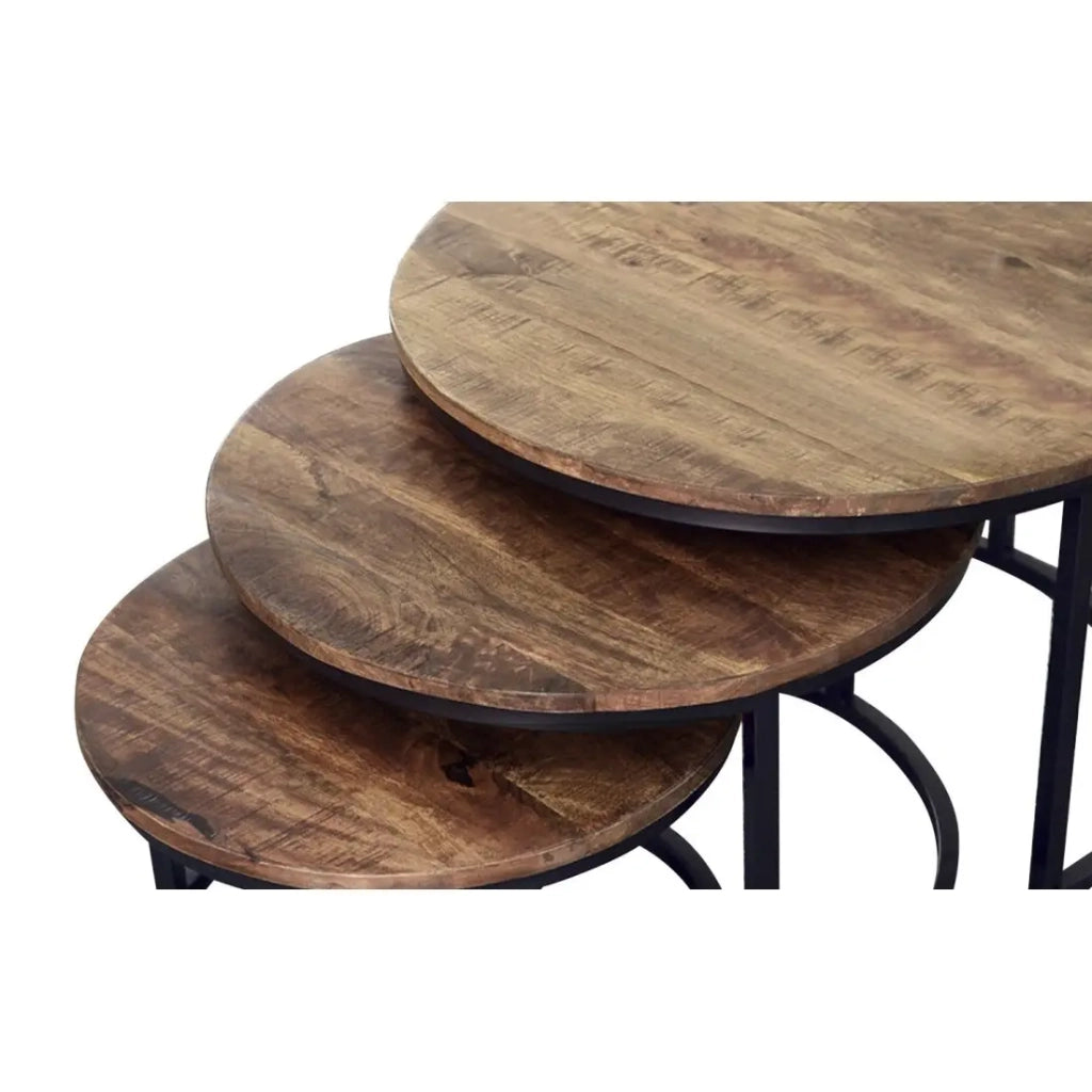 Table bassa ARNOLD – Set di 3 tavolini nidificati rotondi – Marrone legno e metallo – Stile contemporaneo