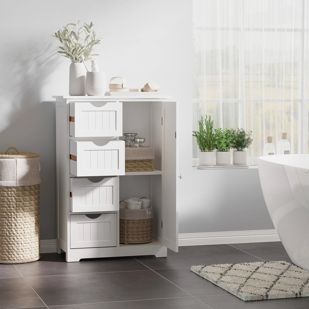 Mobile da Bagno con Anta, 4 Cassetti e Ripiano Regolabile ¨C zephmum ¨C 56x30x83 cm Bianco