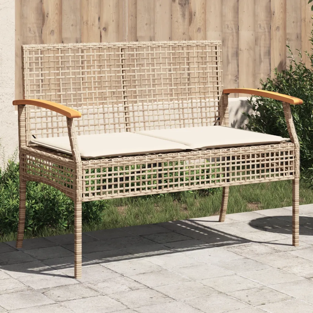Panchina da Giardino | Panca da Giardino con Cuscino Beige Polyrattan e Legno Acacia