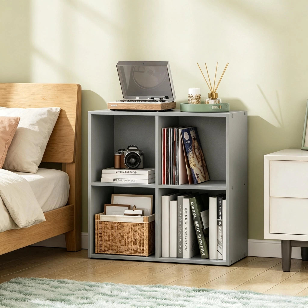 Libreria a cubi compatta a 4 scomparti, scaffale aperto multiuso in legno ingegnerizzato, colore grigio