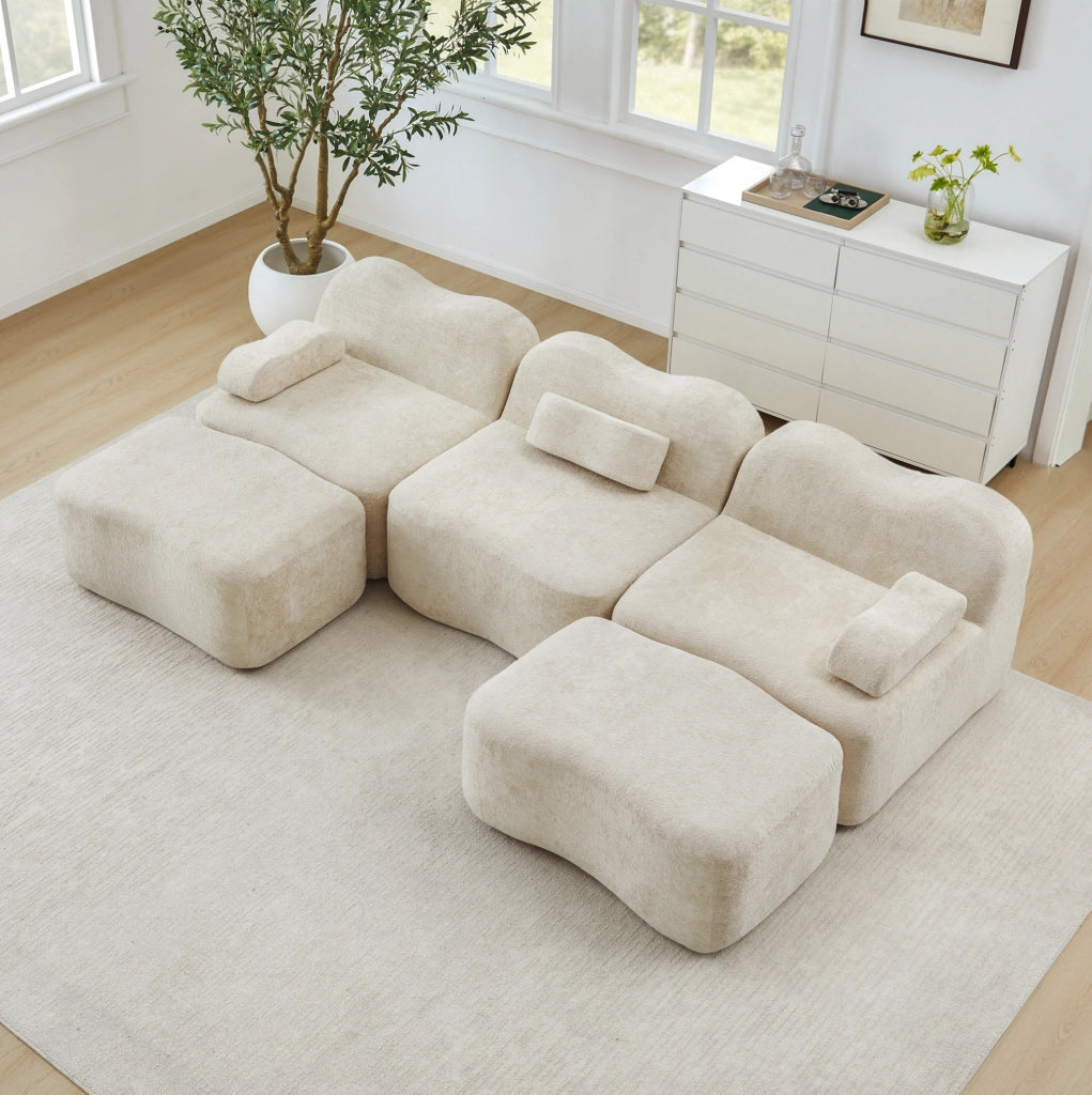 Divano modulare senza struttura in velluto beige con seduta profonda e moduli componibili