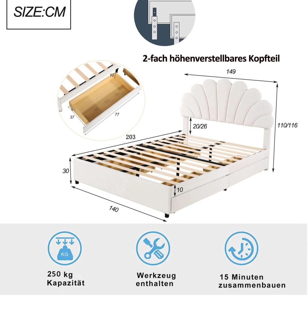 Letto matrimoniale imbottito 140x200 cm con 4 cassetti beige