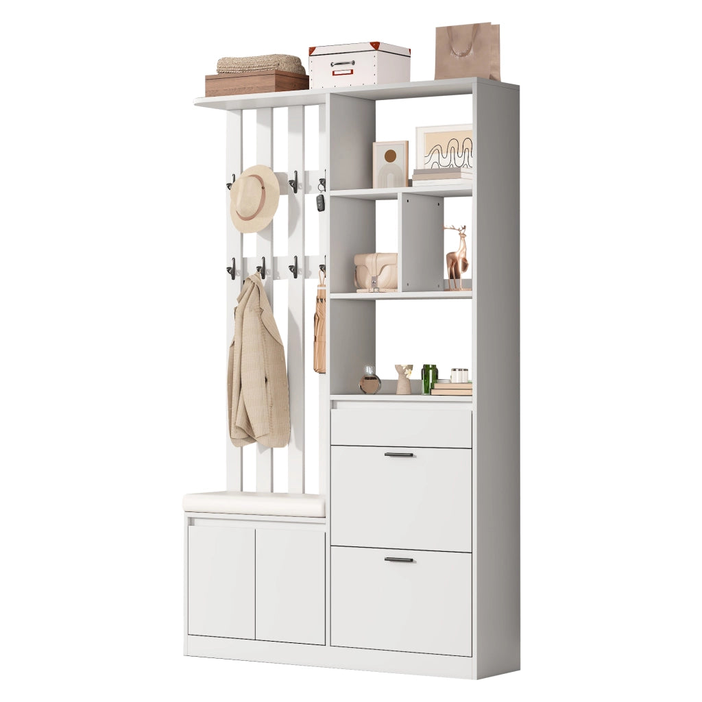Garderoba da ingresso multifunzionale 120x30x200 cm in MDF bianco con panca imbottita, 2 vani portascarpe, cassetto e 10 ganci
