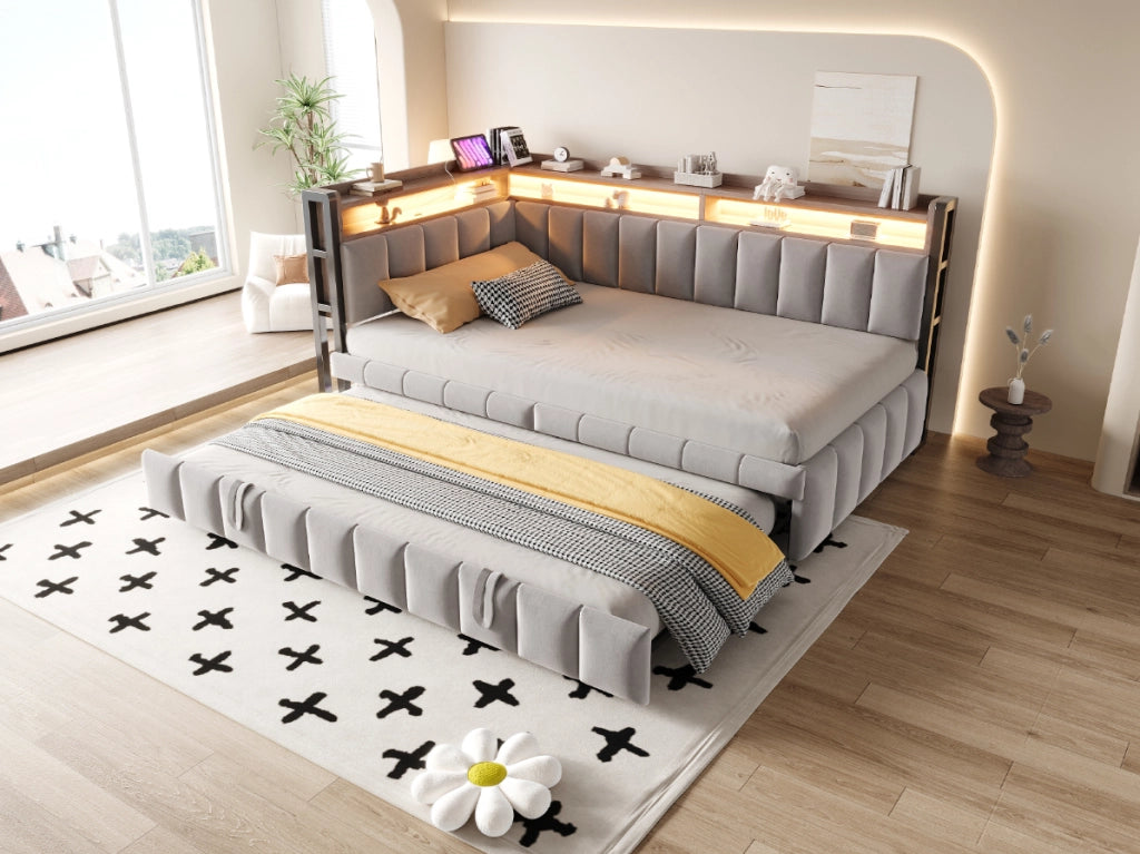 Divano letto multifunzione 90x200 cm in velluto grigio con letto estraibile; LED e USB