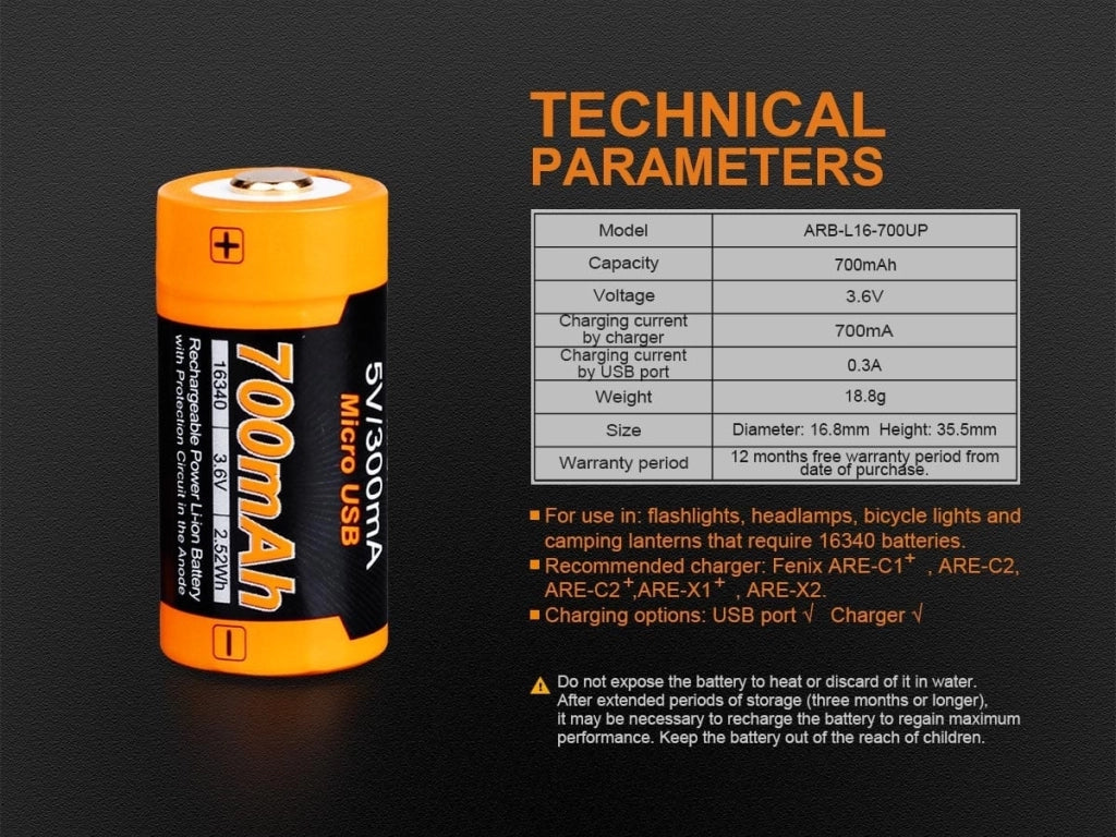Batteria ricaricabile USB Li-ion 16340 FENIX ARB-L16-700UP 3,6V 700 mAh