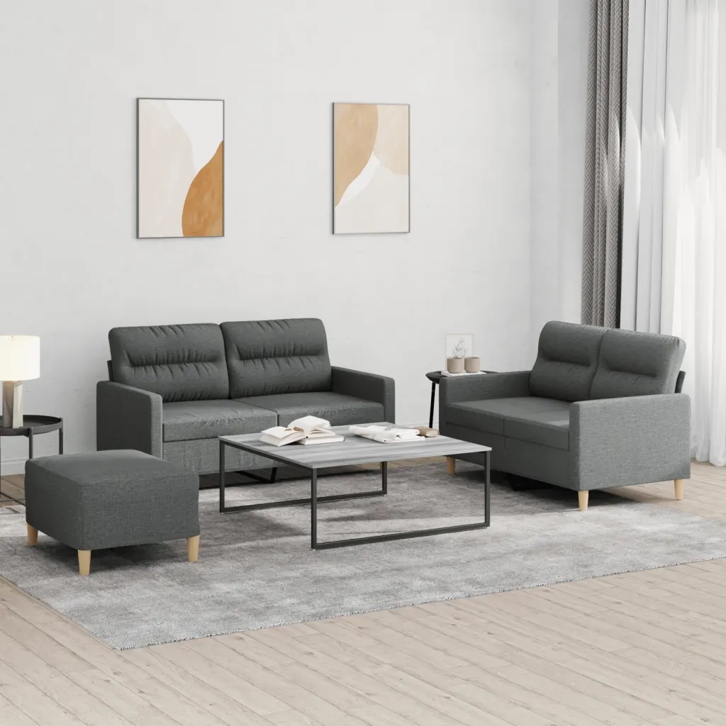 Set di Divani 3 pz con Cuscini Grigio Scuro in Tessuto