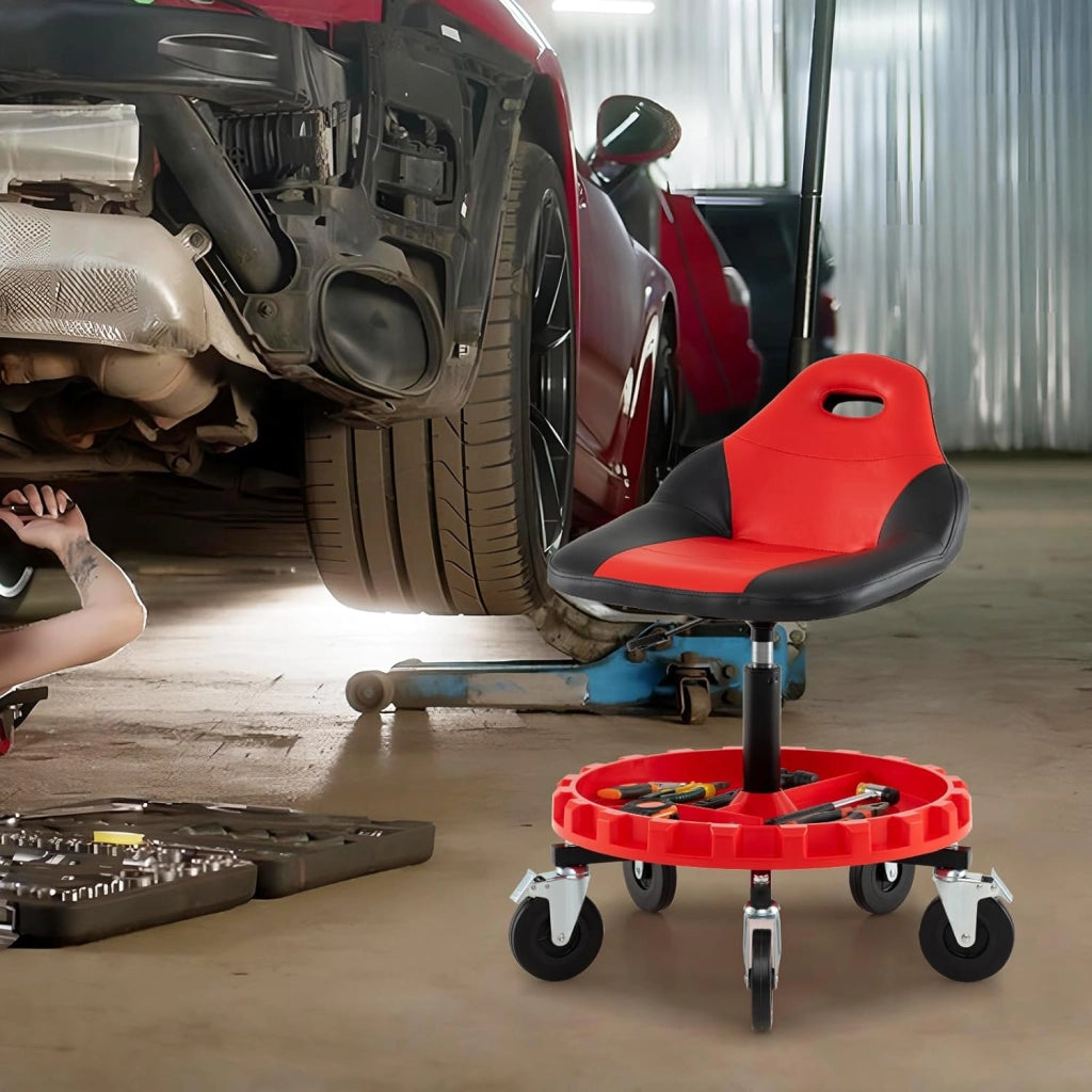 COSTWAY Sgabello da Officina con 5 Ruote, Sedia Meccanico Imbottita con Altezza Regolabile e Vassoio Porta Attrezzi, capacità di 185 kg, per Riparazione Auto, per Garage e Officina