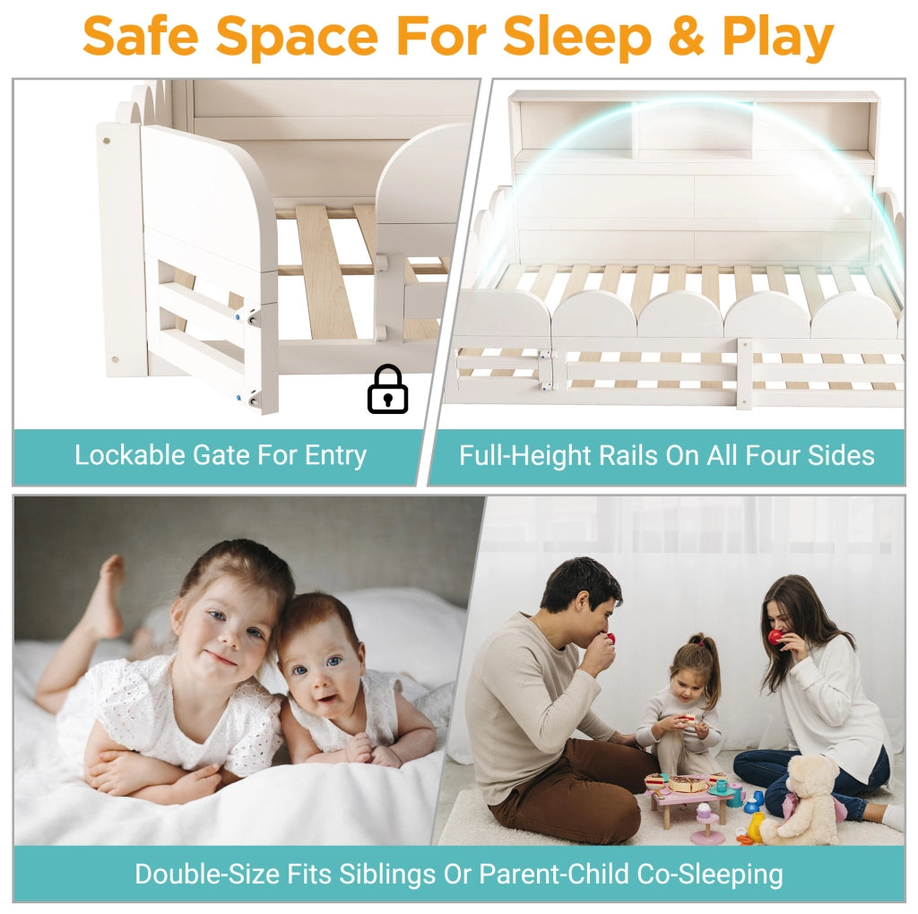 Letto a terra per bambini 140x190 cm in legno bianco con sponda; porta e ripiani