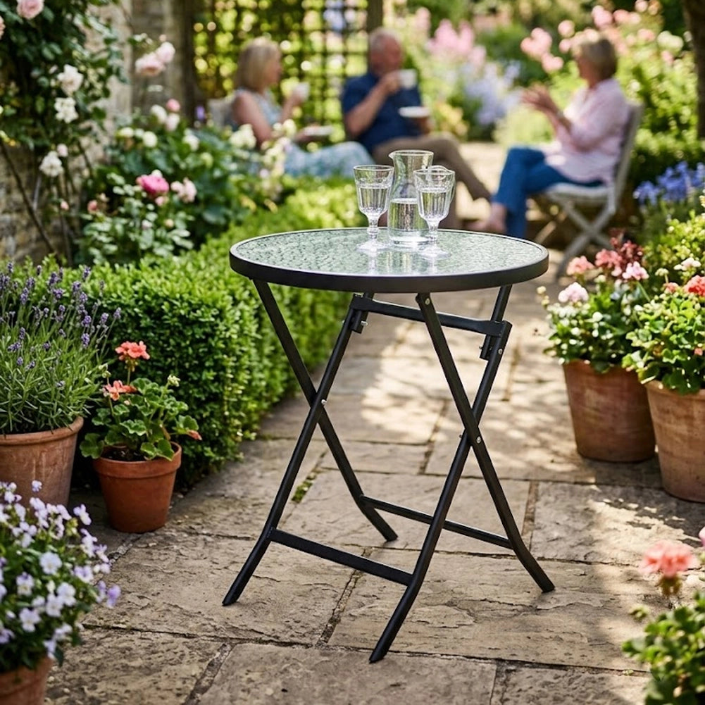 Tavolino Pieghevole Rotondo con Struttura Nera Tavolo Piano in Vetro 60x60x71cm