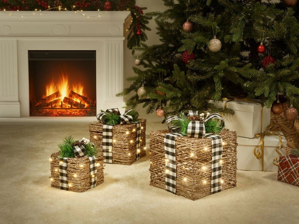 Set di 3 decorazioni natalizie in rattan con luci LED bianche calde e fiocchi Decorazioni natalizie per interni Marrone
