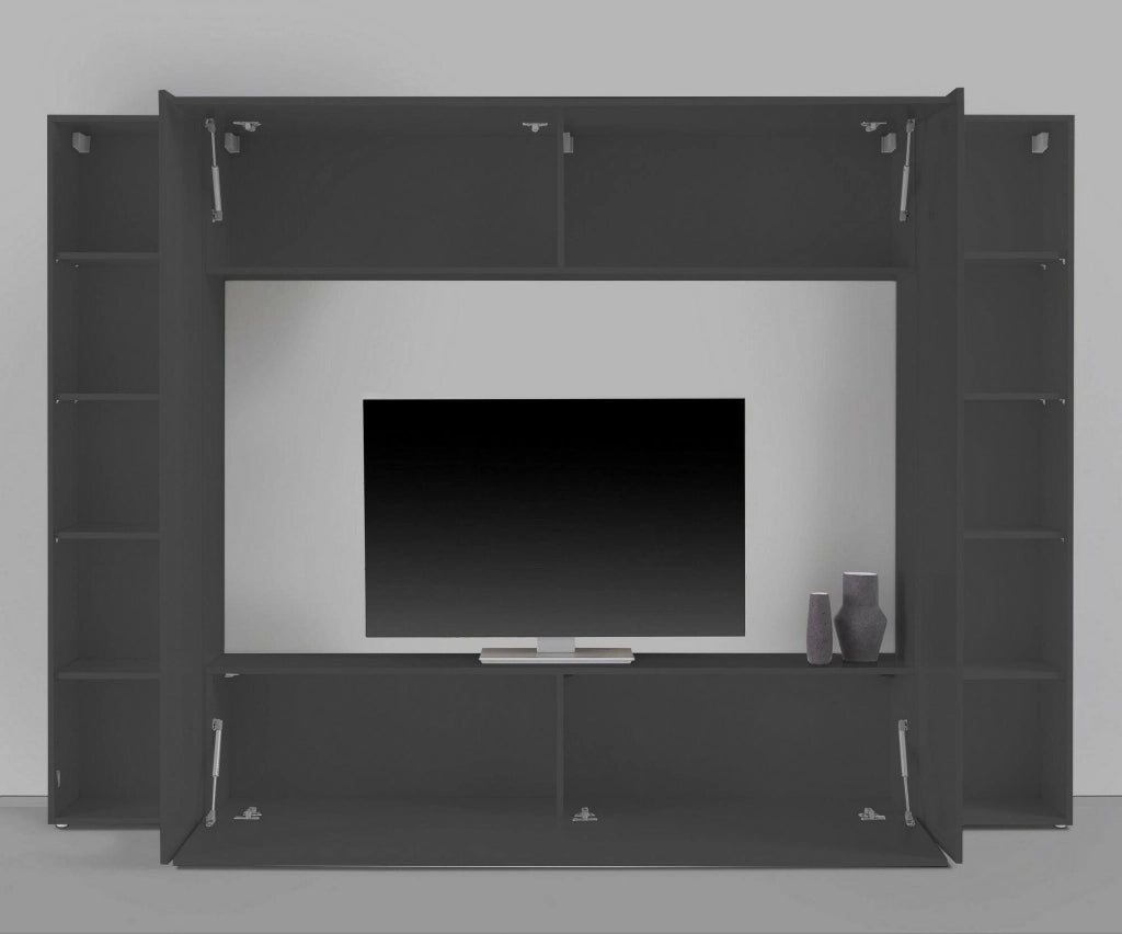 Parete attrezzata Amel, Set salotto porta TV a 4 ante, Mobile soggiorno multiuso, 100% Made in Italy, cm 260x30h180, Antracite