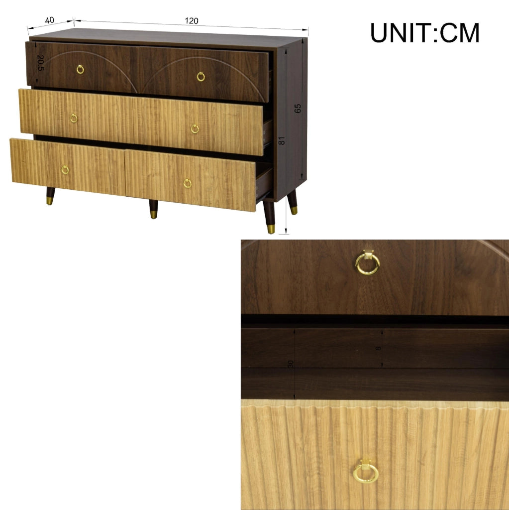 Credenza 120x40x81 cm con 6 cassetti; stile vintage; MDF e pannello truciolare; naturale