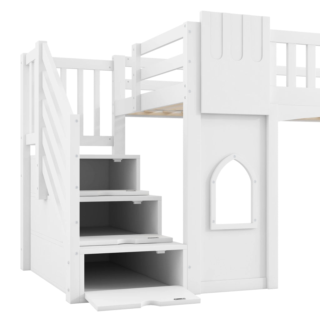 Letto a soppalco 90x200 cm con scala contenitore e finestre in MDF; pino e compensato bianco