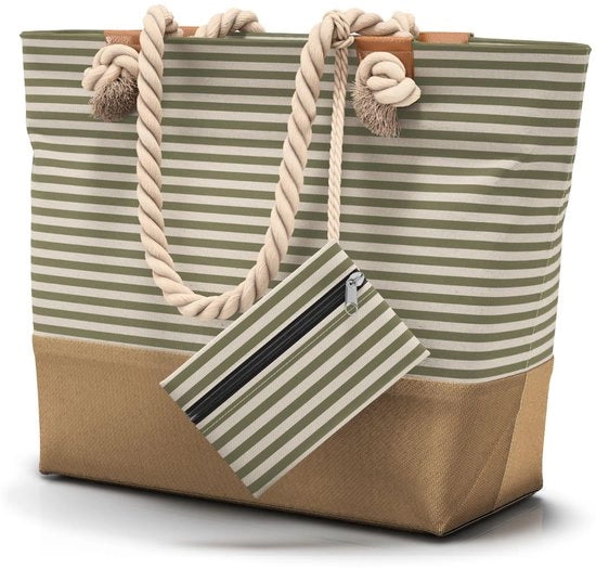 Borsa da Spiaggia XL con Cerniera e 2 Tasche Interne (per abbigliamento da bagno umido e oggetti preziosi), maniglia comoda, leggera, grande, impermeabile | Borsa da Spiaggia per signore e signore (verde oliva)