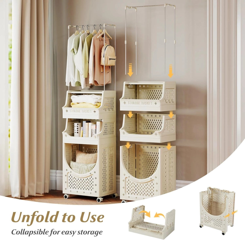 Carrello portabiancheria con 4 ruote e 6 ganci, cesto 40 L, design pieghevole, contenitore per biancheria e organizer per bagno, camera da letto, dormitorio, lavanderia (82 litri, con