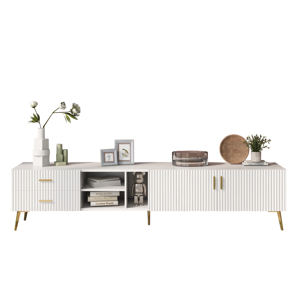 Mobile TV bianco in MDF 180 cm, 2 cassetti e 2 ante