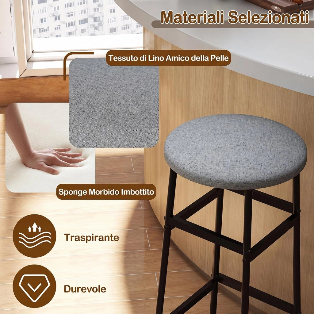 Set di 2 Sgabelli Alti Rotondi da Bar (Grigio) | Sgabelli con Seduta Imbottita, Pioggiapiedi Ergonomico, Portata 150 kg per Cucina e Sala da Pranzo, 33,5 x 33,5 x 73 cm