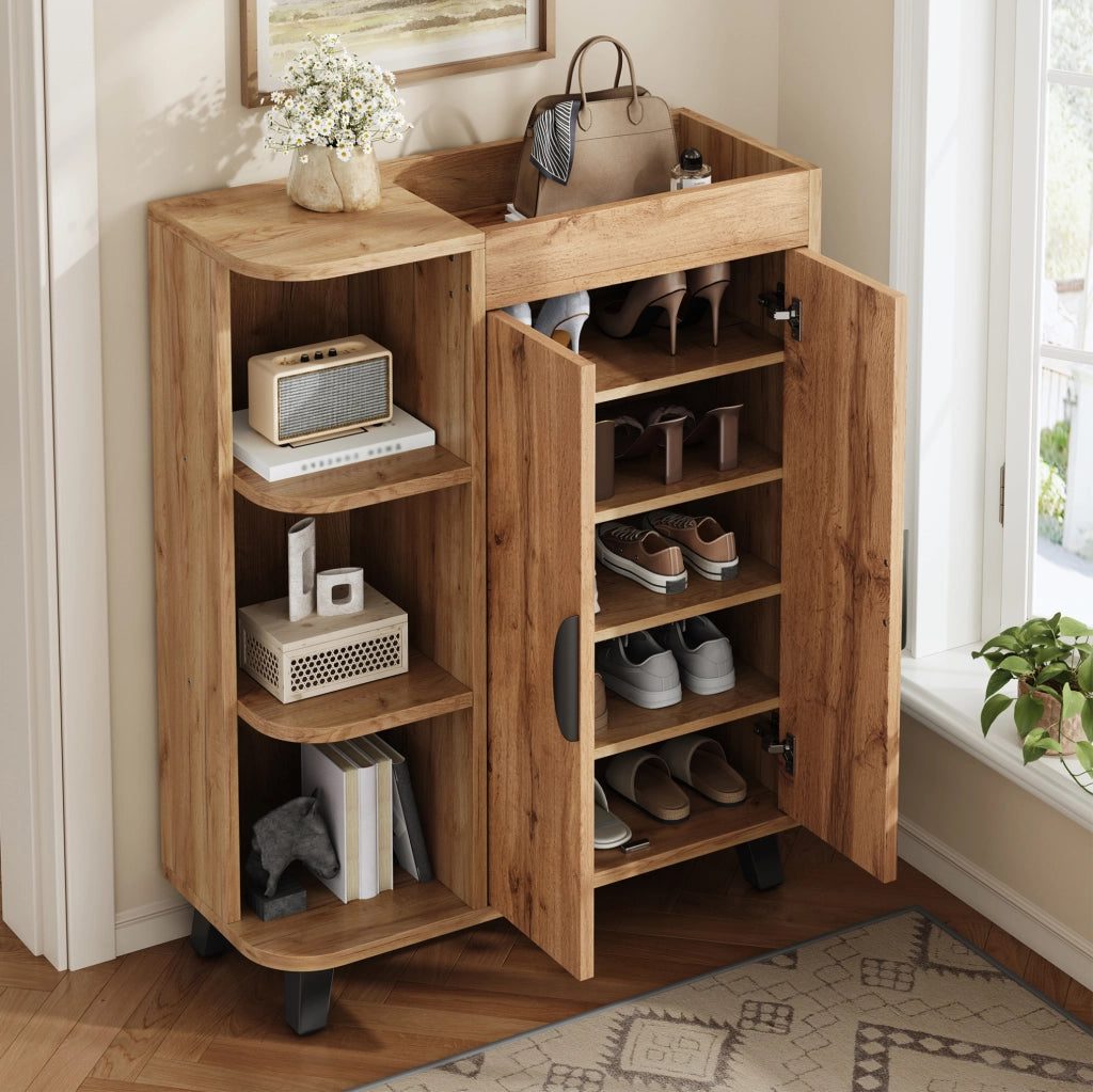 Scarpiera stretta con ante a ribalta e vani aperti; 80x32x99 cm; effetto legno naturale
