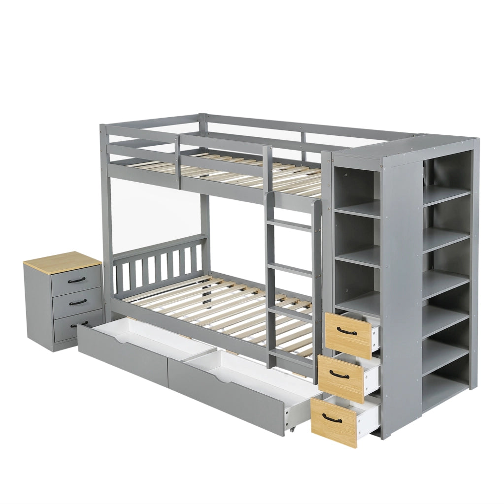 Letto a Castello Grigio in Legno 90x200 cm con Cassettoni, Scaffale Laterale e Comodino Mobile
