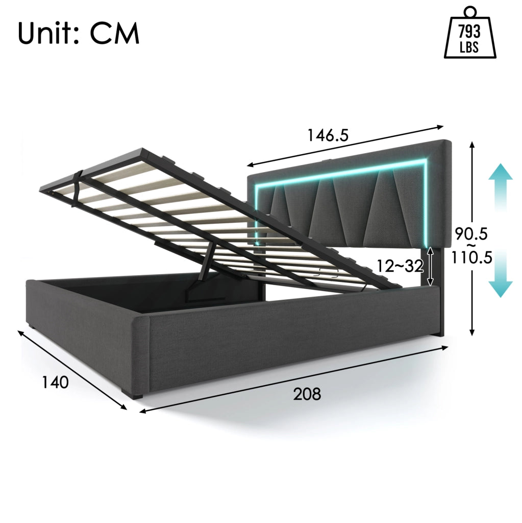 Letto 140x200 con LED, USB-C, contenitore e materasso H3