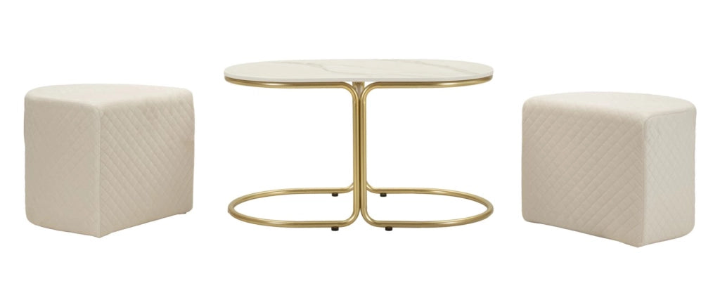 Tavolo da Caffè con 2 Puff Relax 79x45x44 cm in Pino e MDF e Spugna e Poliestere e Metallo