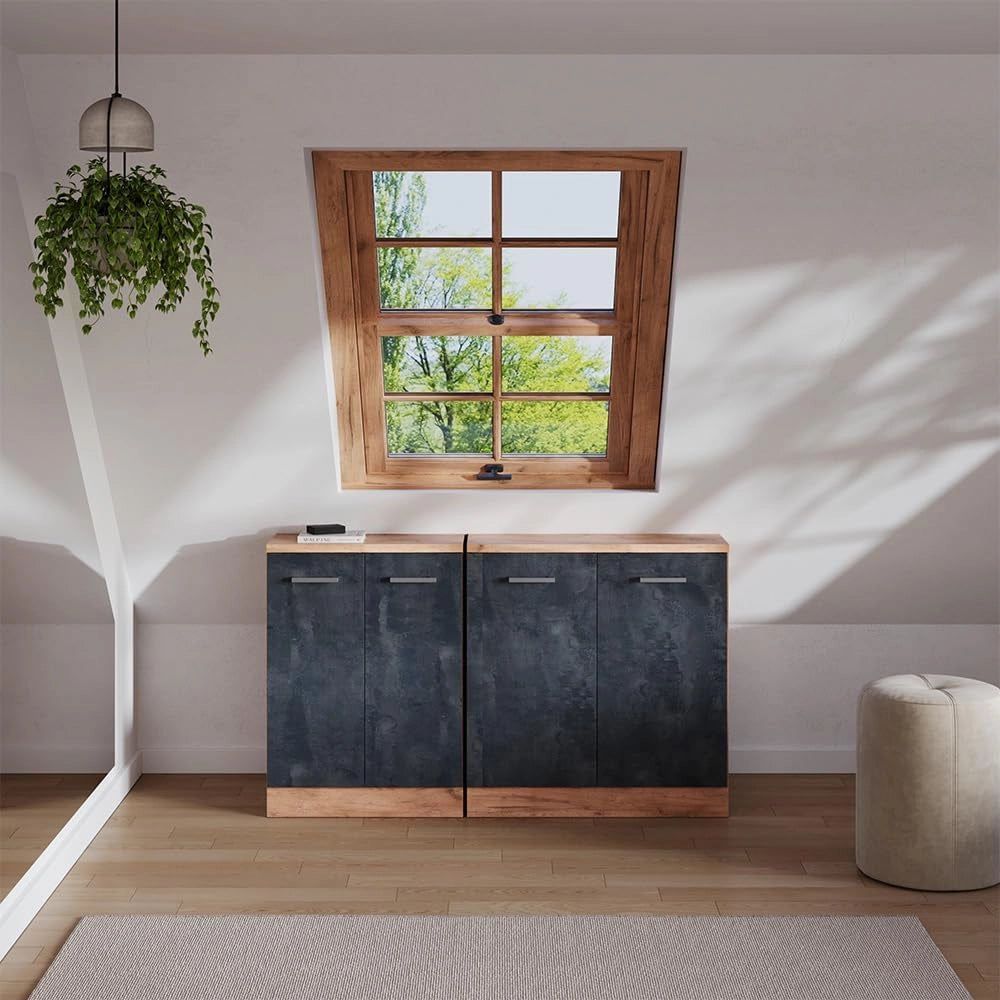 Set di mobili sottotetto Rion, Calcestruzzo nero, 140 cm Set di 2 carcasse armadio profondità 60 cm, adatto per il salvaspazio sotto tetti spioventi