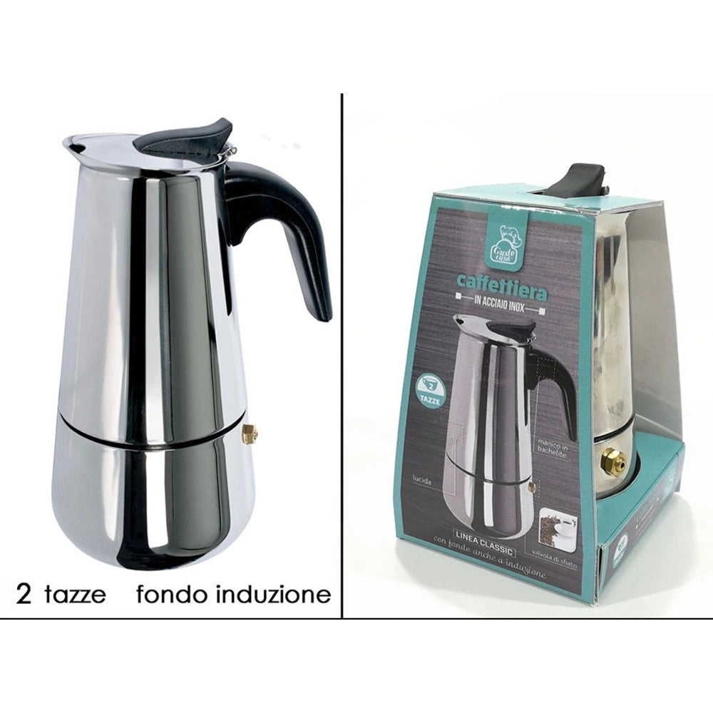 Trade Shop - Caffettiera Moka In Acciaio Inox Lucido Con Manico In Bachelite Da 2 Tazze Fondo Induzione -
