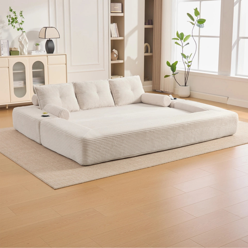 Divano letto modulare a 3 posti con tasche e portabicchieri in tessuto a coste beige