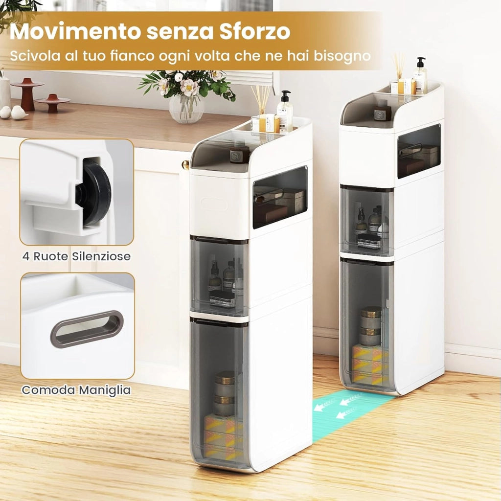 Mobile da Bagno a 4 Ripiani, Mobiletto Stretto da Pavimento con 2 Cassetti, Portafazzoletti e Ripiano Superiore, Armadietto Impermeabile in Plastica su Ruote per Camera da Letto (Bianco)