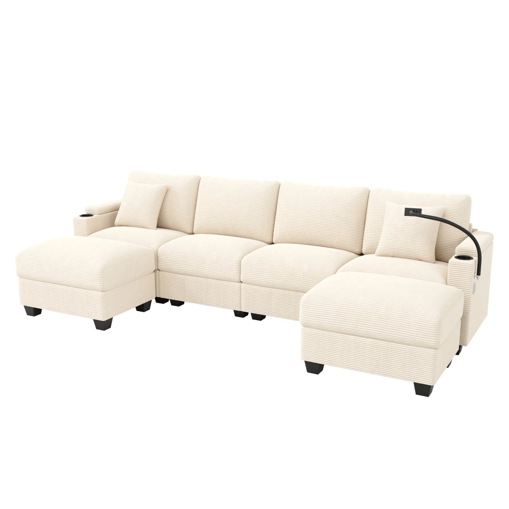 Divano modulare angolare in corduroy beige con USB, supporto telefono, contenitore e cuscini