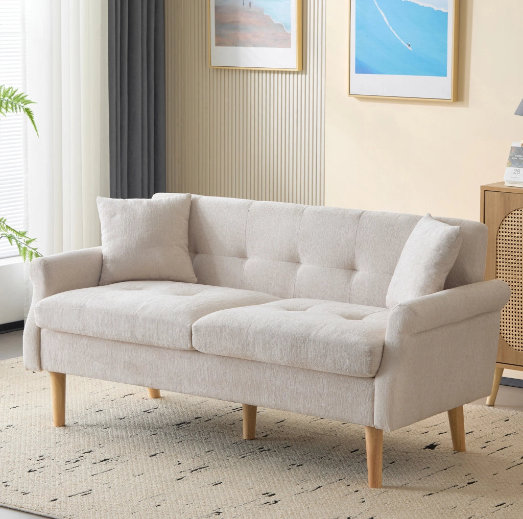 Divano 2 posti 162x74x77 cm in ciniglia beige con cuscini HOMVRA