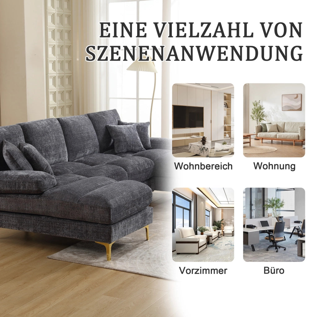 Divano Angolare a U con Doppia Chaise Longue e 6 Cuscini; in Ciniglia Grigio; 272 × 136 × 88 cm