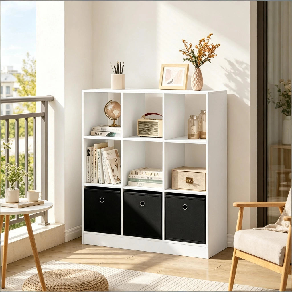 Libreria a cubi con 3 cassetti in tessuto, scaffale freestanding, bianco e nero, 80 x 86,5 x 30 cm