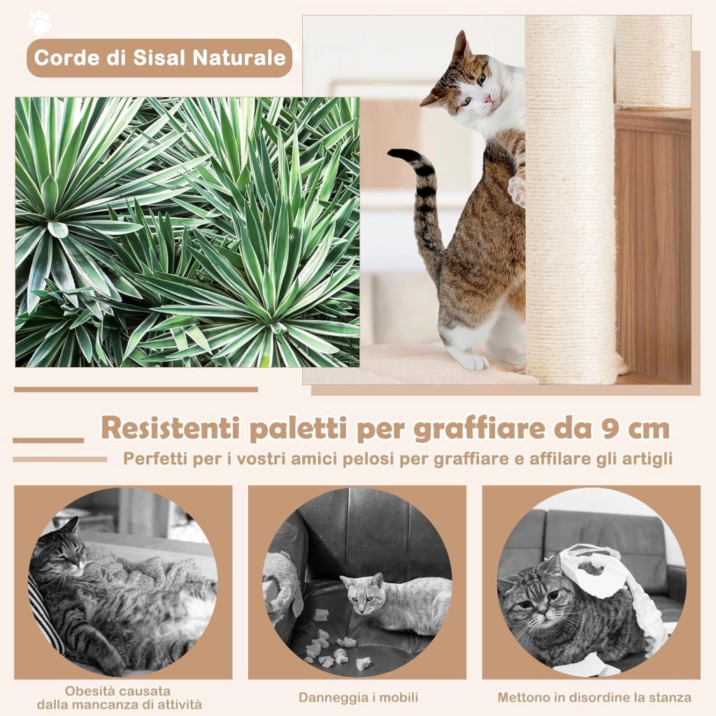 Albero Tiragraffi per Gatti 176 cm, Tiragraffi per Gatti con 2 Trespoli in Tessuto Felpato, Arco Massaggiante, Cuccia Spaziosa, Pali in Sisal e Tapettini Lavabili, Ideale per Gatti Grandi