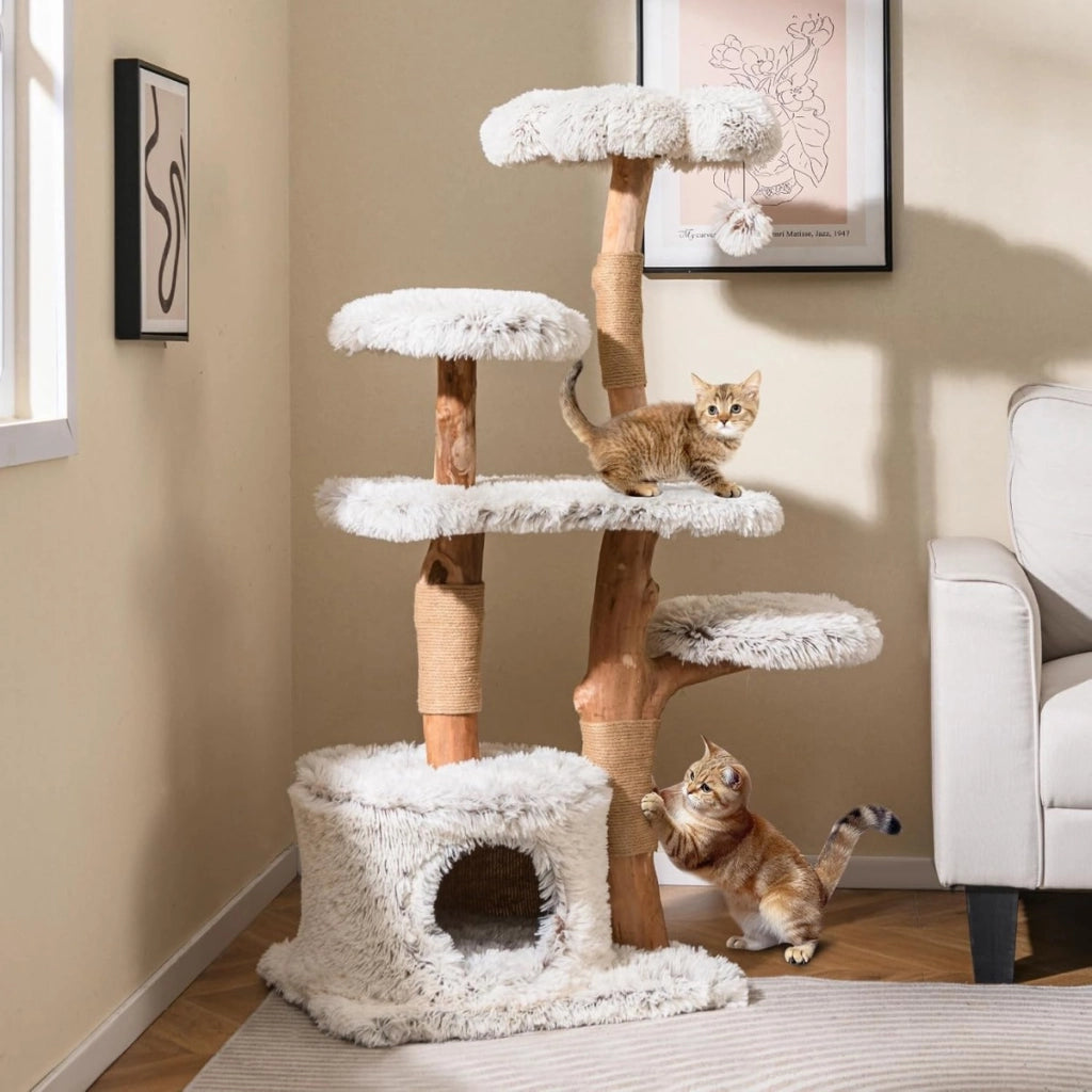 Albero per gatti moderno alto 135 cm-Torre con posti per grattare e condo in legno per gatti