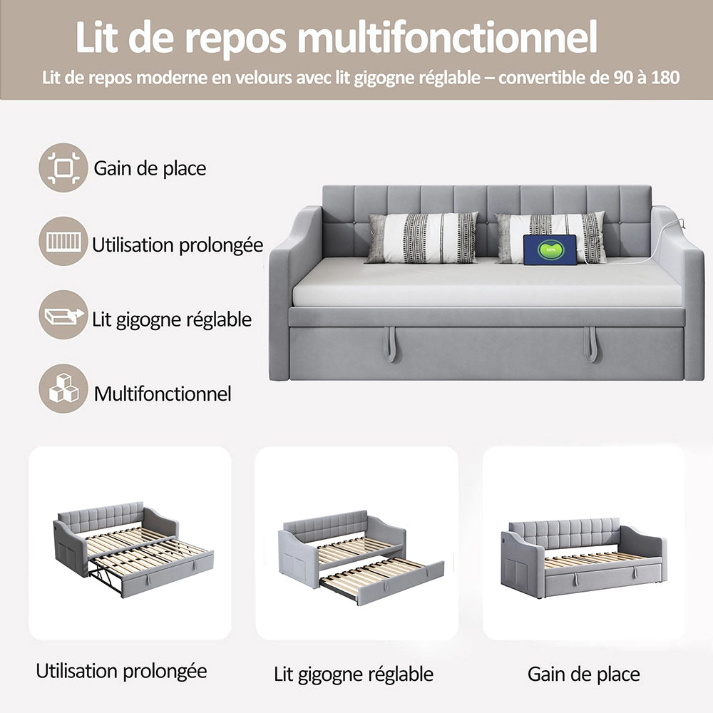 Divano letto 2 in 1 - Xylo - 90/180 cm velluto grigio chiaro