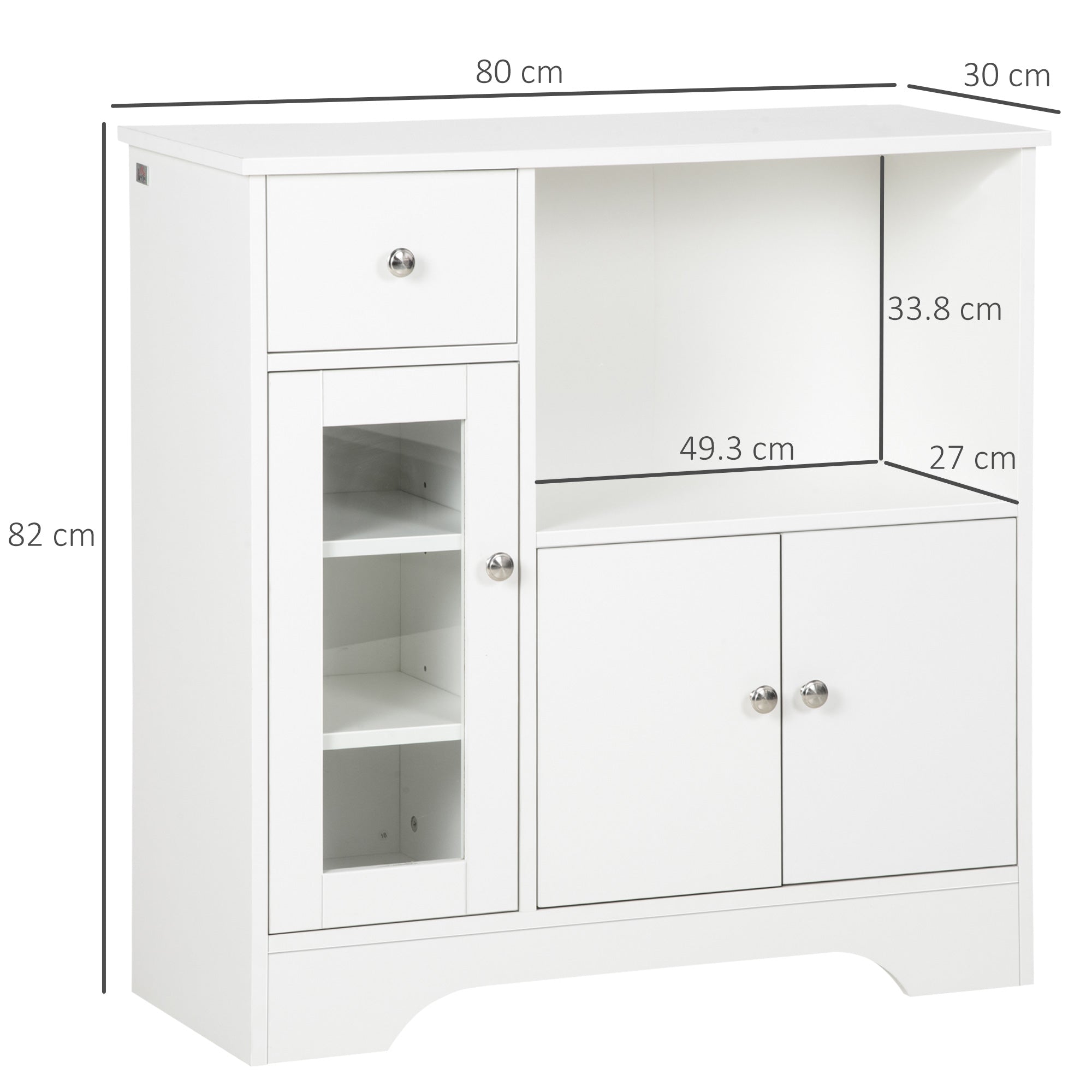 Credenza Buffet 80x30x82 cm con Vano Aperto Cassetto 3 Ripiani e Armadietto a 2 Ante in Legno Bianco
