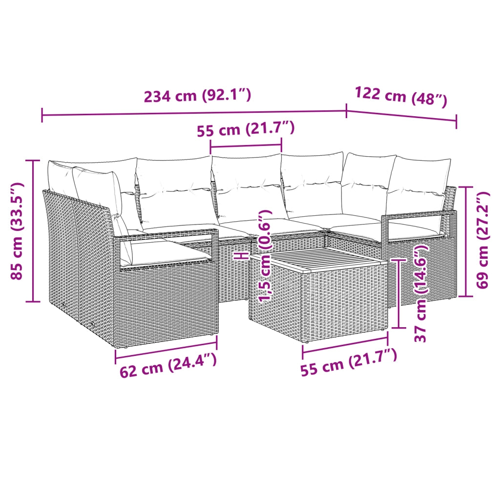 Set di Divani da Giardino  7 Pezzi con Cuscini Nero Polyrattan Acacia