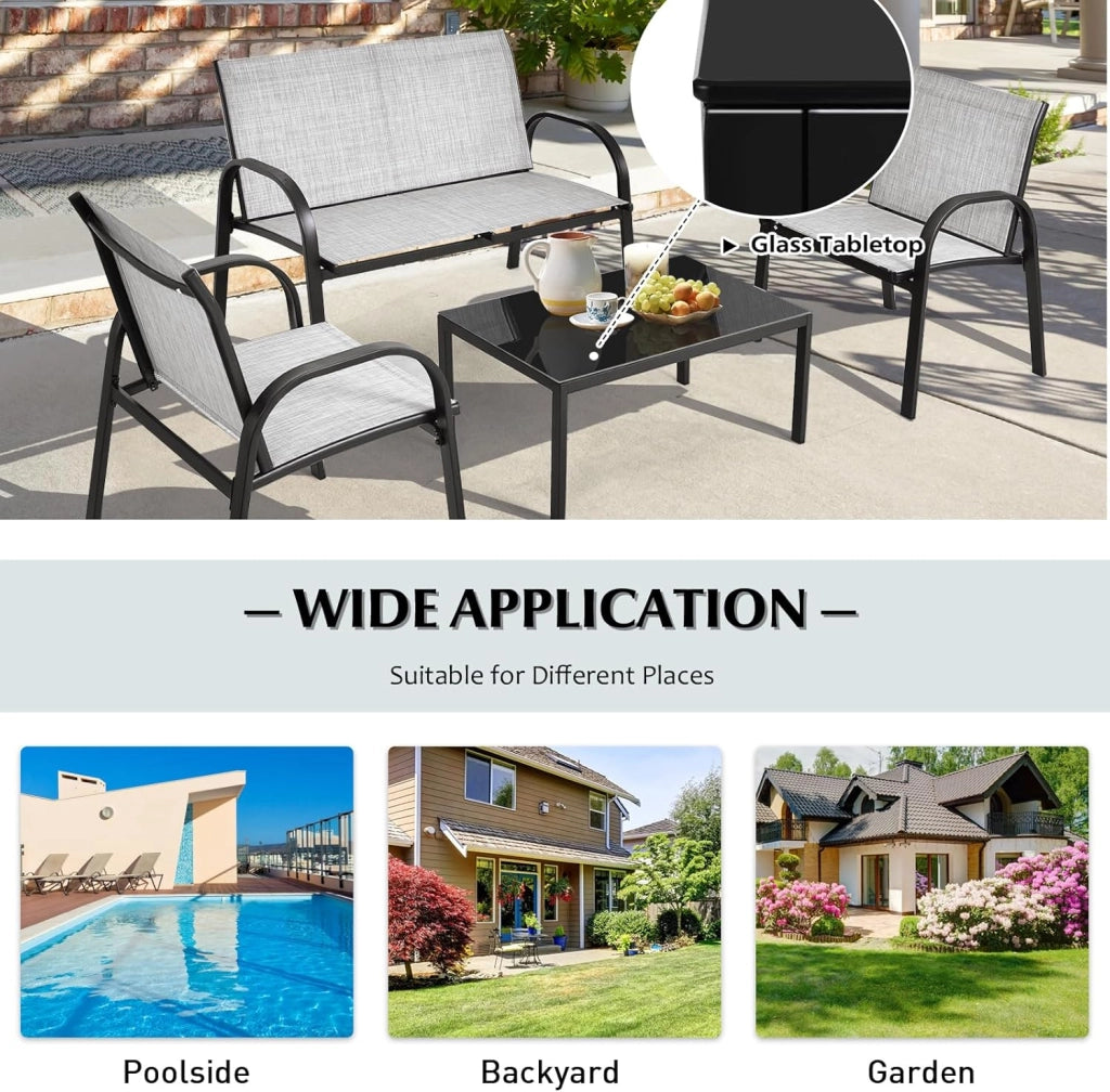 Set di 4 mobili da giardino per 4 persone, set da giardino con 2 sedie e 1 panca e 1 tavolino da caffè, set di mobili da terrazza per piscina, cortile (grigio), QF54737IBDE