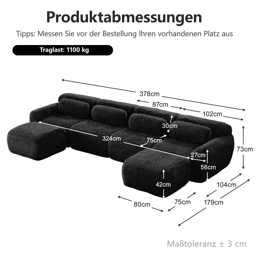 Divano modulare angolare a U 378x179x73 cm in tessuto peluche nero; senza montaggio