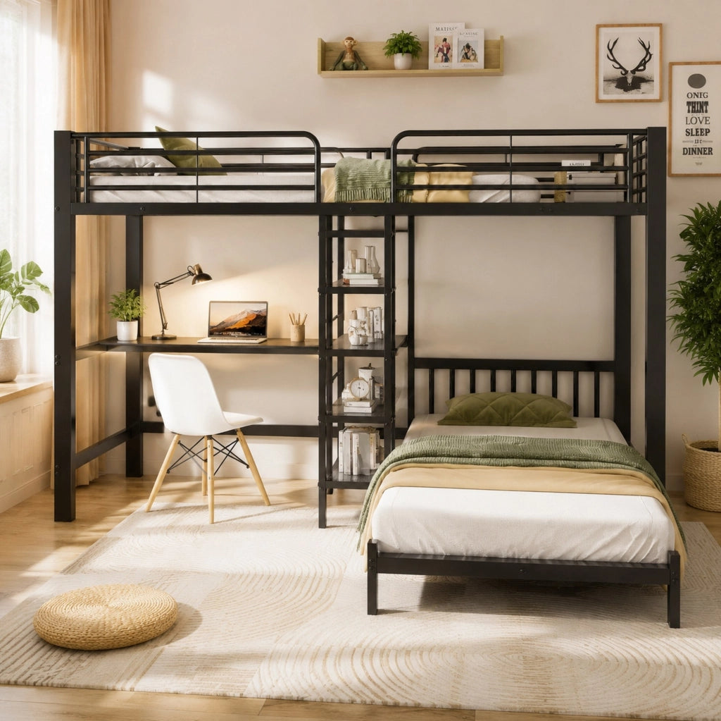 Letto a soppalco con scrivania, ripiani e prese USB, nero 90 x 200 cm